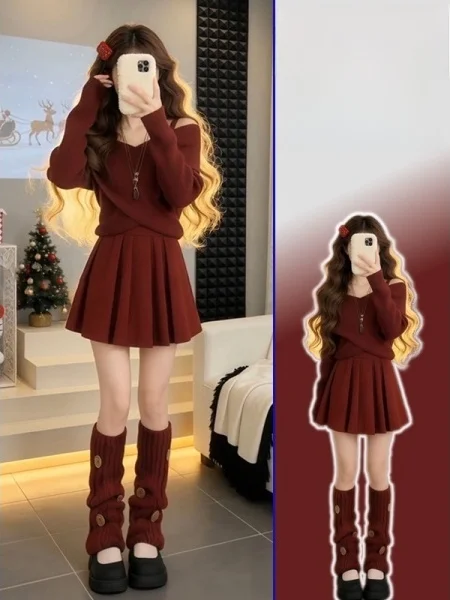 

Комплект из двух предметов: вязаный свитер большого размера и красный жилет на одно плечо. Женский модный теплый комплект для зимы и весны с высокой талией, однотонный.