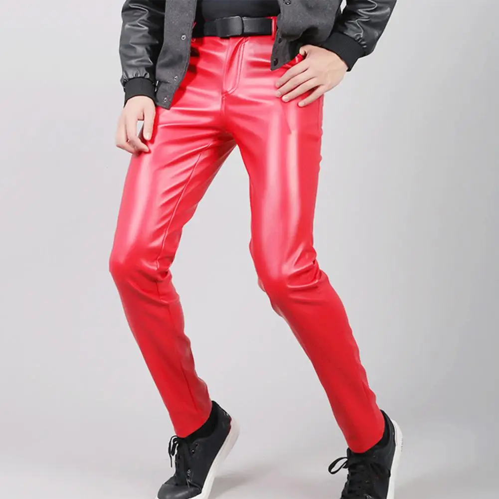 Men Faux Leather Pants Mid Waist Slim Fit Button Zipper Placket Waterproof Hip Hop Streetwear Party Club Performance Trousers