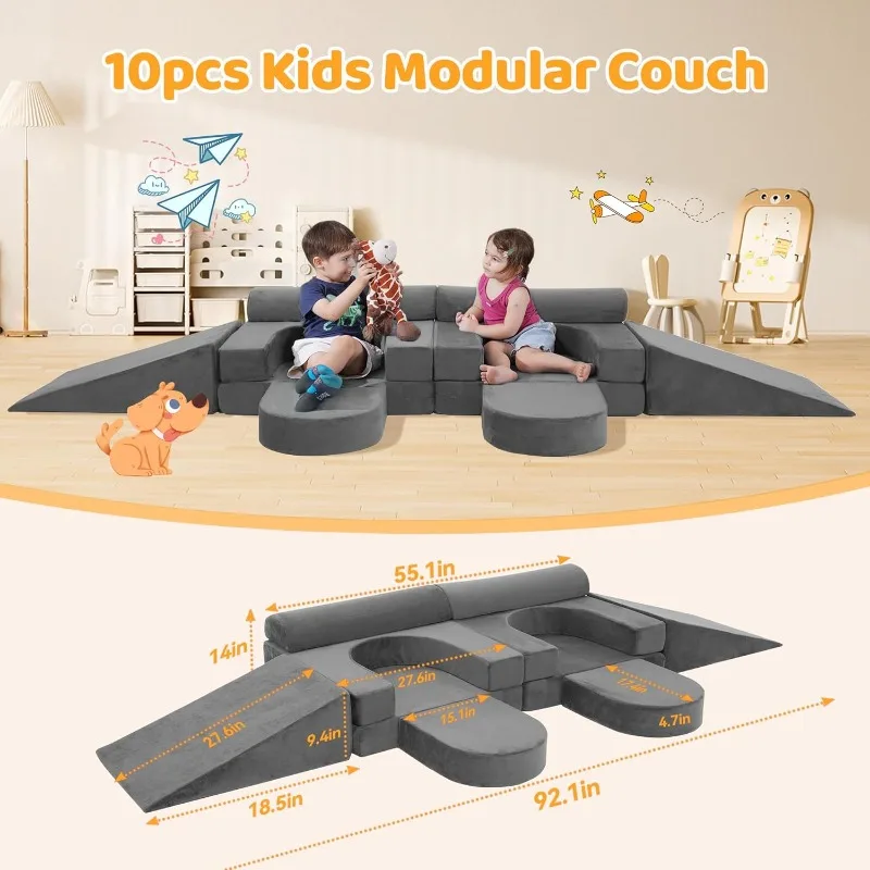 10pcs Modular Kids Play Couch, Convertible Nugget Couch for Toddlers & Children with Climbing Slope