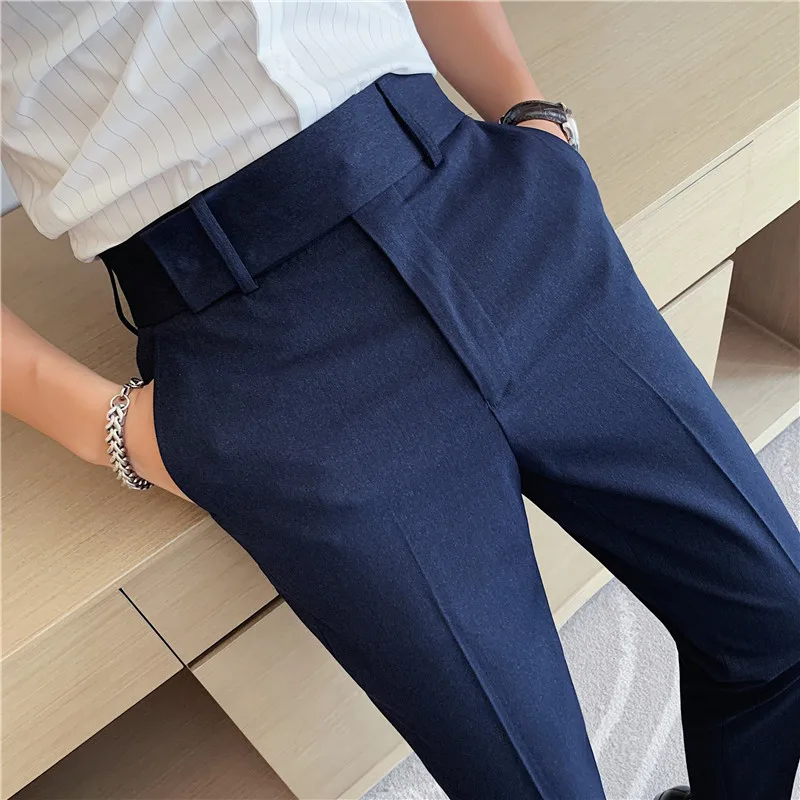 High Waist Dress Pants British Style Men 2024 Spring Casual Solid Color Trousers Fashion Slim Fit Formal Suit Pants Men Clothing