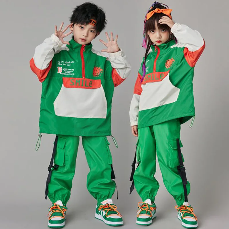 Ropa de Hip Hop para niños, jersey verde, chaqueta, Tops, pantalones Jogger de carga callejera informal, disfraz de baile para niña y niño, ropa para mostrar