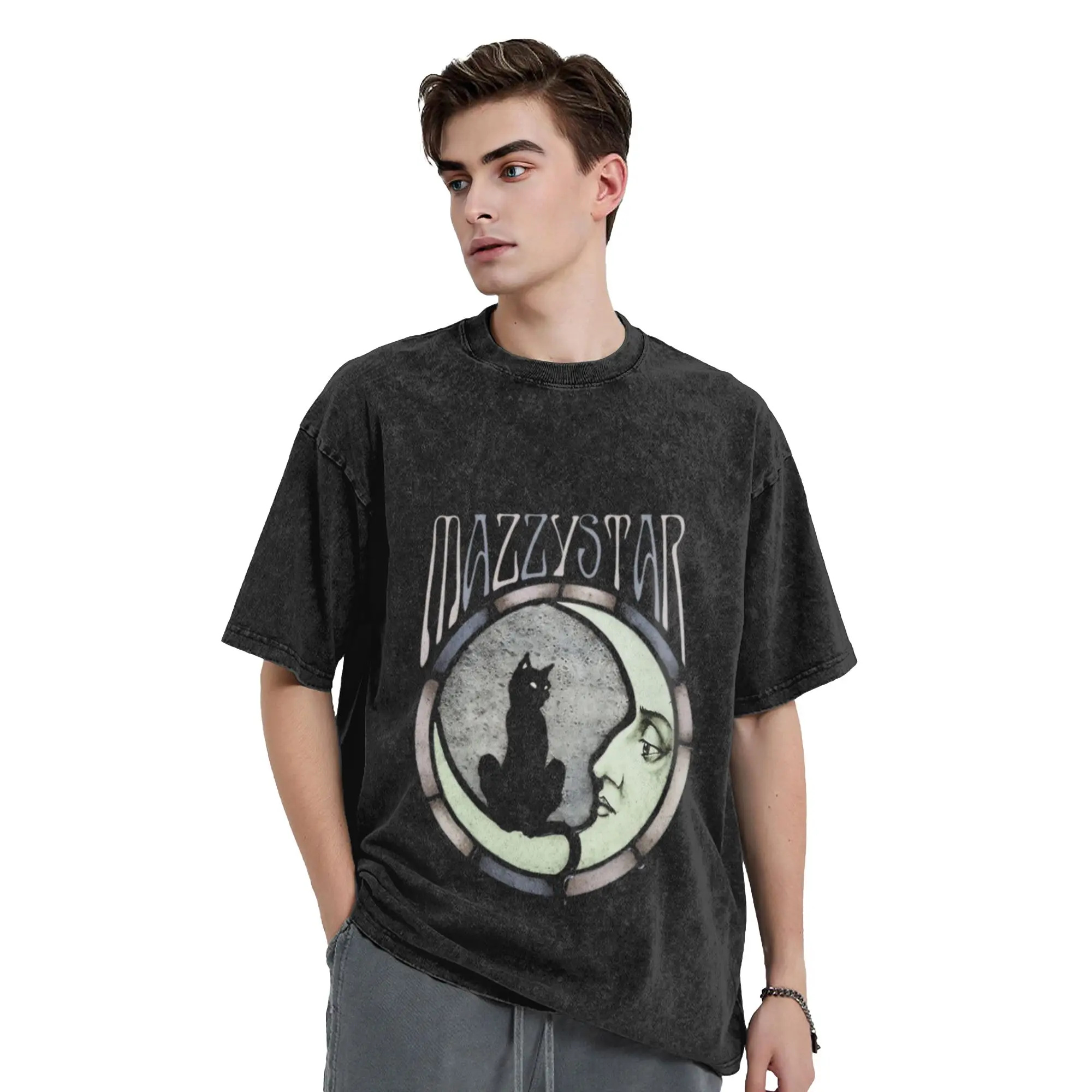 54 Mazzy Star Moon And Cat Vintage Classic Chic A Washed T Shirt Men's Oversized Cotton Tees Tops