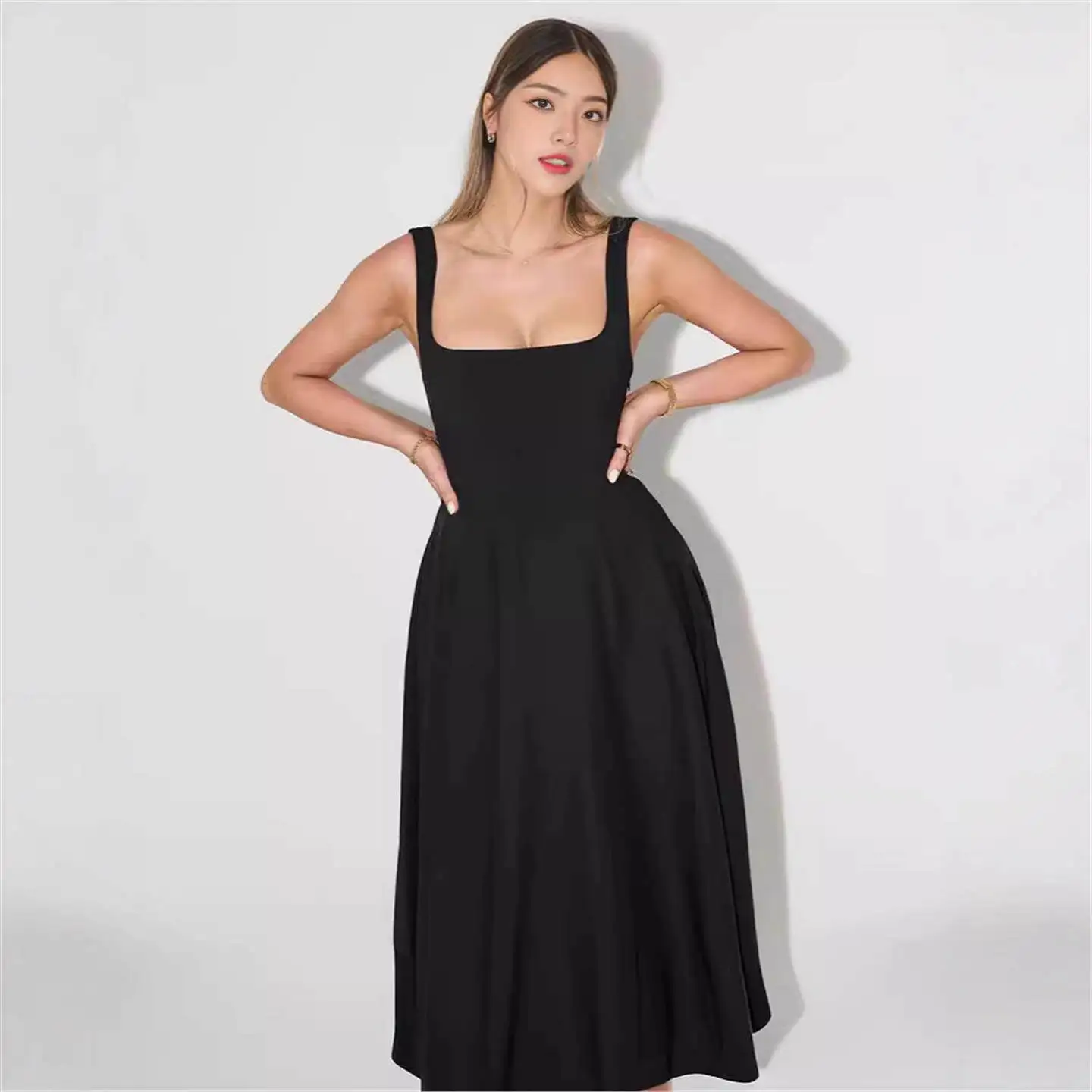 

Summer Cross-Border Simple Sexy Strap Slim Mid-Length Dress High Waist Sweet Style No Brand Three-acetate Fiber 100%