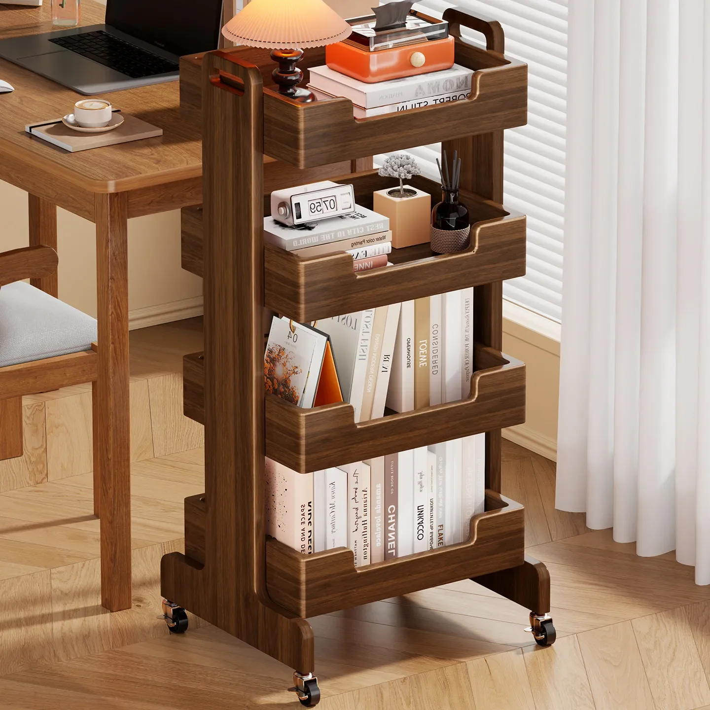 

DSA solid wood bookshelf floor rack mobile pulley multi-layer household snack storage trolley simple bookcase