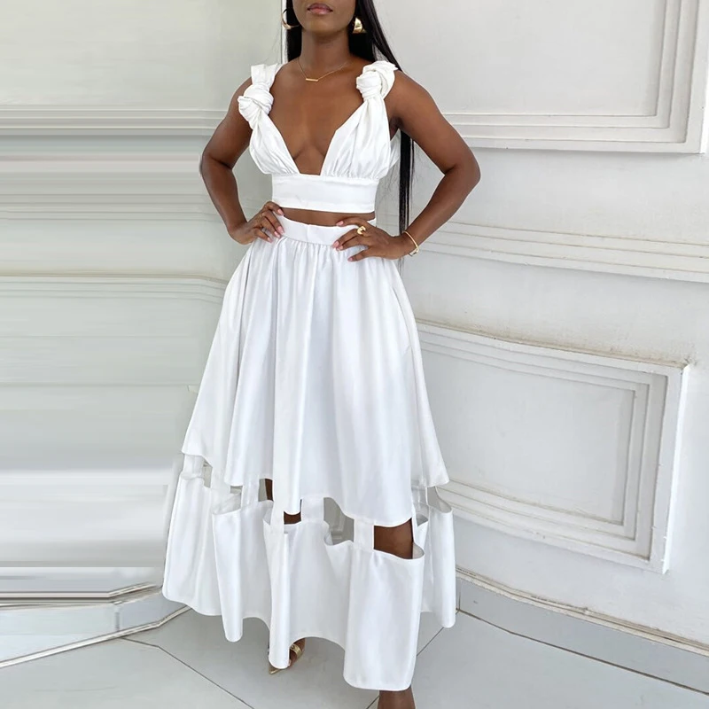 Fashion Temperament High Street Set Elegant Solid Color Party Set Summer Sleeveless Deep V Crop Tops+High Waist Hollow Skirt Set