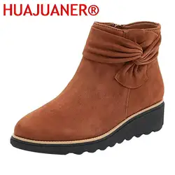 Woman Boots Mid Heel Wedges Shoes Autumn Winter Wedges Platform Short Boots Side Zipper Bowties Ladies Boots Female Footwear