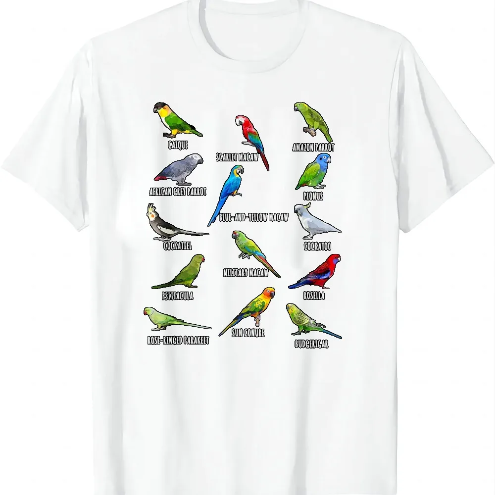 Different Parrot Species Biology Types Bird Identification T-Shirt Funny Y2k Men and Women Short Sleeves Vintage Clothes