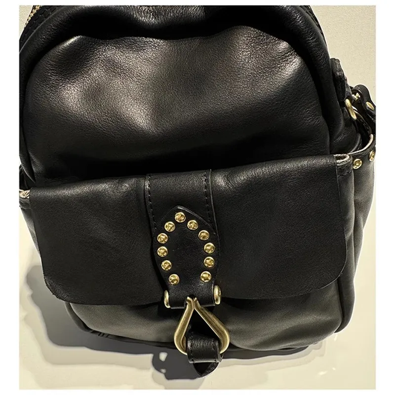 PNDME fashion high quality genuine leather women's black backpack designer luxury cow leather ladies outdoor travel bagpack