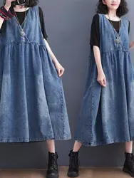 Large Size Women's Clothing Sleeveless Vest Dress Women's Summer Loose V-Neck Vintage Denim Dress Trendy Jeans Vestidos K744