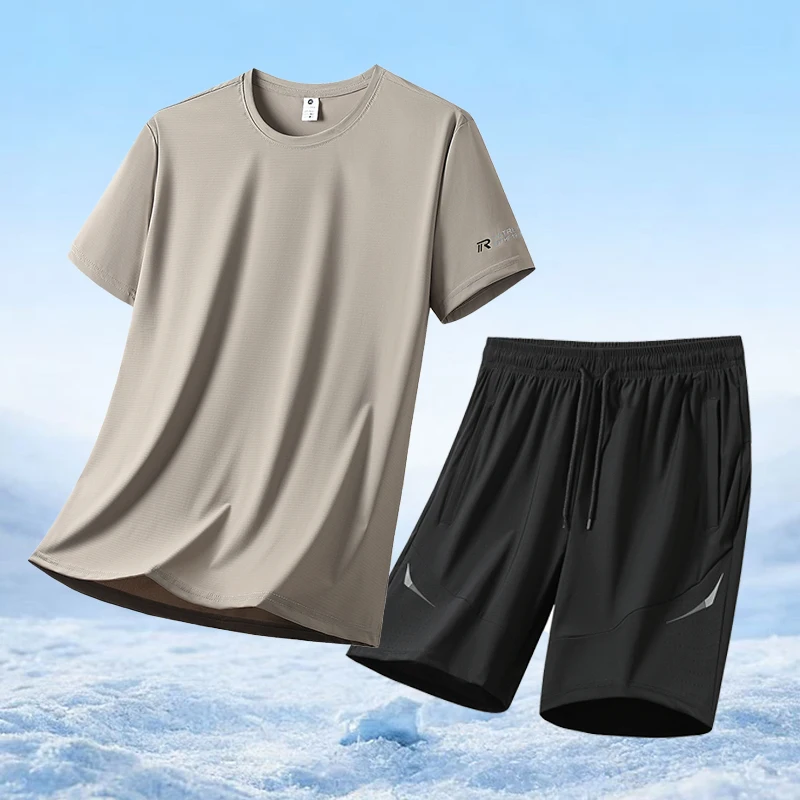 Ensemble de sport d'été pour hommes, respirant, coupe-vent, séchage rapide, en soie glacée, avec short et t-shirt à manches courtes, idéal pour les loisirs et les activités de plein air.