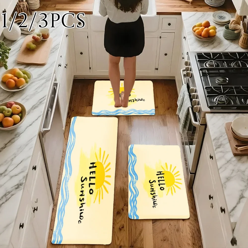 3PCS Kitchen Rugs,Home Decoration for Front Door, Kitchen, Bathroom, Hello Sunshine Sun Pattern Blue Wave Border Dining Mat