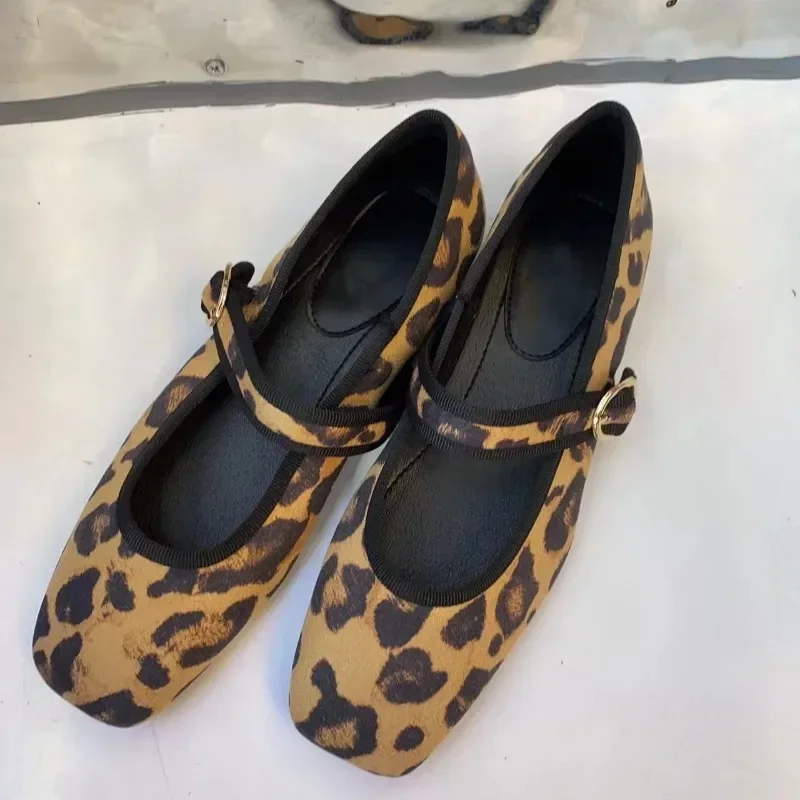 

2024 Summer Ballet Flats for Women Square Head Shallow Trend Leopard Print Daily High Quality Soft Sole Ladies Mary Jane Shoes