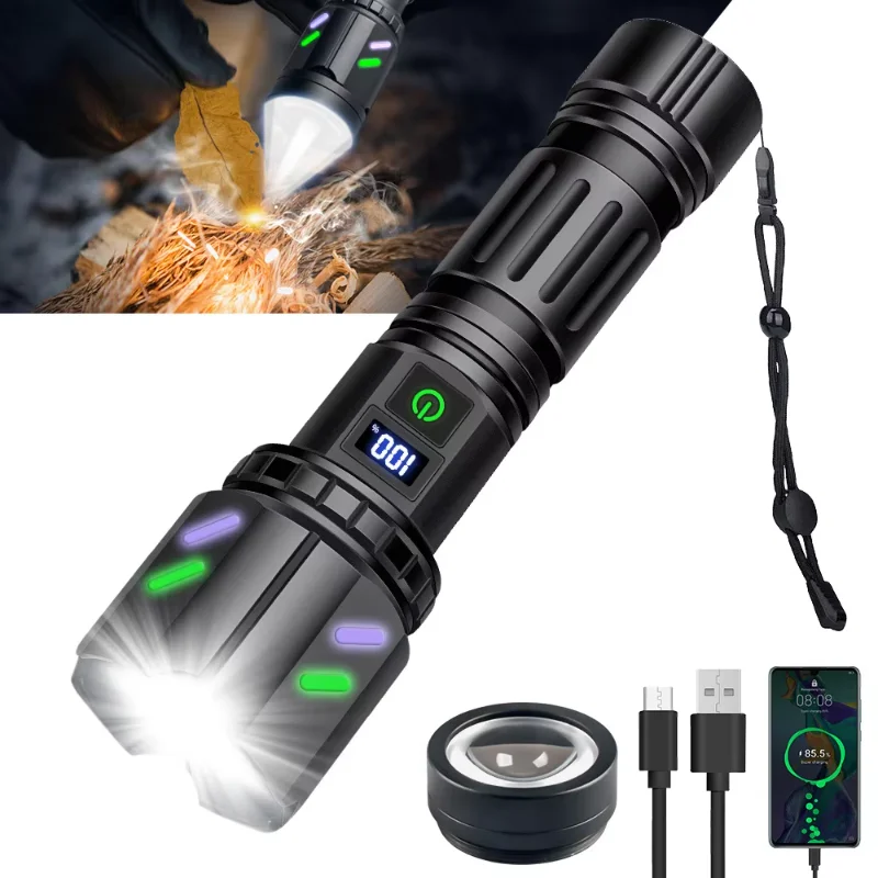 powerful LED white laser flashlight USB rechargeable flashlight with digital zoom function, emergency lantern USB tactical light
