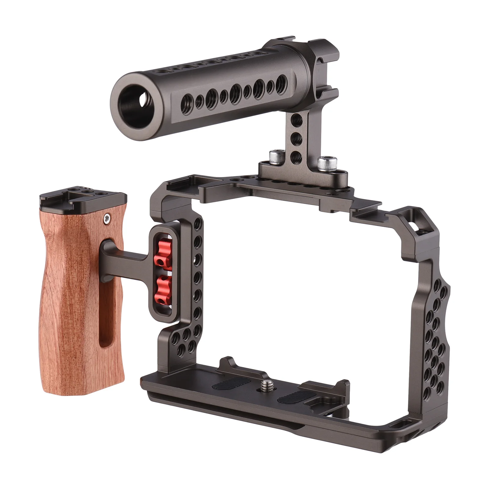Andoer Aluminum Alloy Camera Cage Kit with Video Rig Top Handle Wooden Grip Replacement for A7R III/ A7 II/ A7III