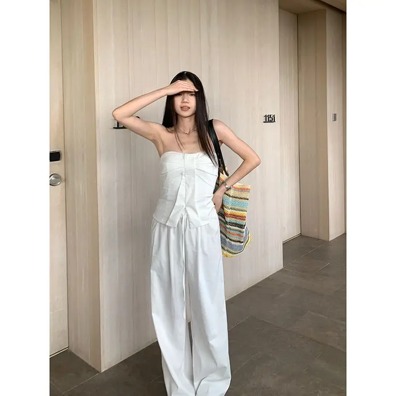 

Gothiscyn Casual Suit Women's Spring/Summer White Strapless Vest High Waist Wide Leg Pants Two-piece Set Fashion Female Clothes