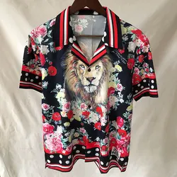 유럽 사자 꽃 프린트 셔츠, 스트리트 웨어 힙합 패션 알로하 열대 탑 하와이안 비치 셔츠 Camisa Floral Masculina