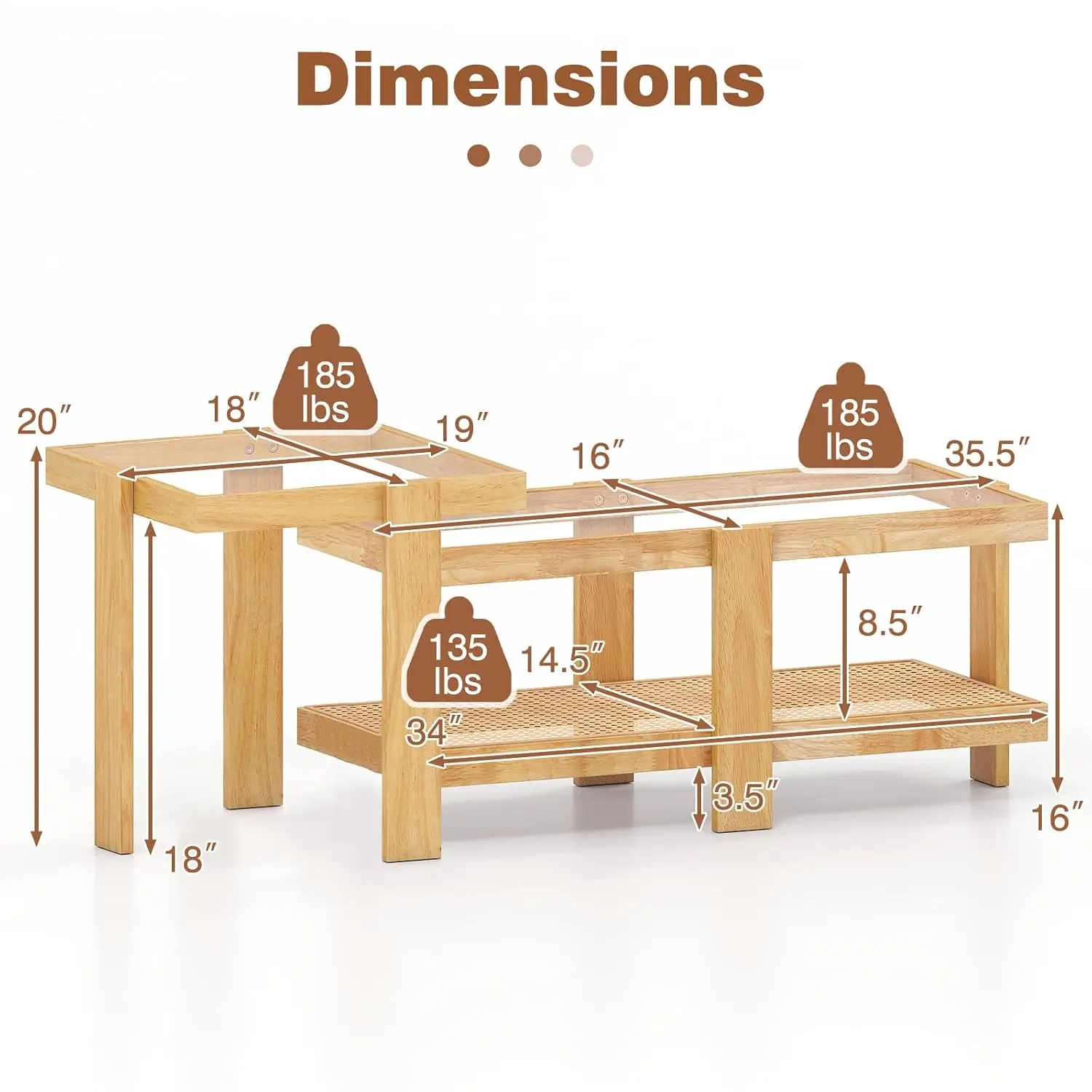 Nesting Coffee Table Set of 2, Boho Rattan Accent Table with Tempered Glass Top & Solid Rubber Wood Frame, Customized