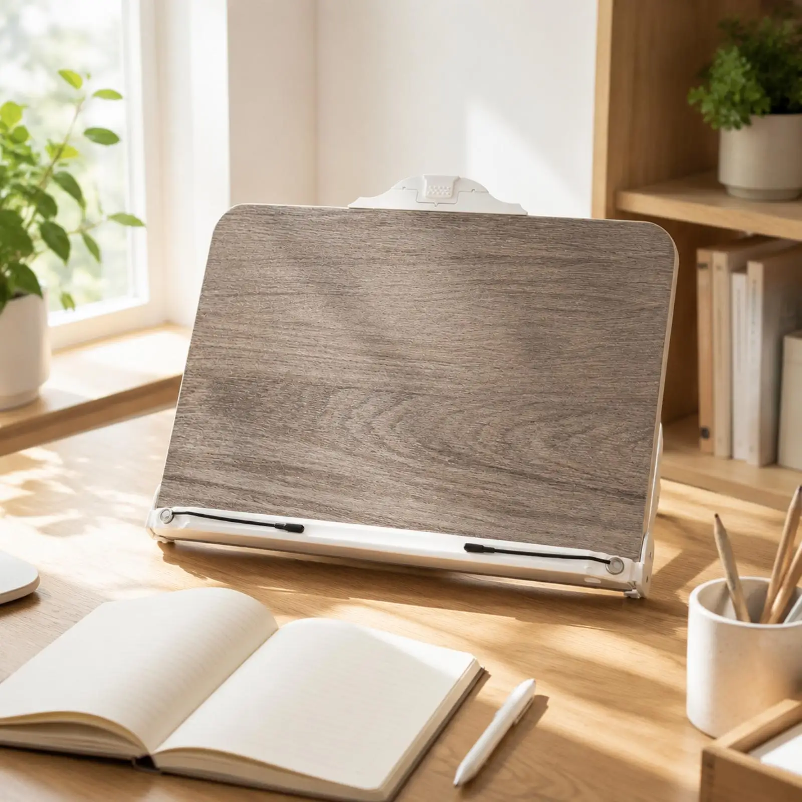 Foldable Desktop Book Holder No Assembly Required Book Holder with Phone Holder Wood-Grain Finish Angle-Adjustable Book Rest