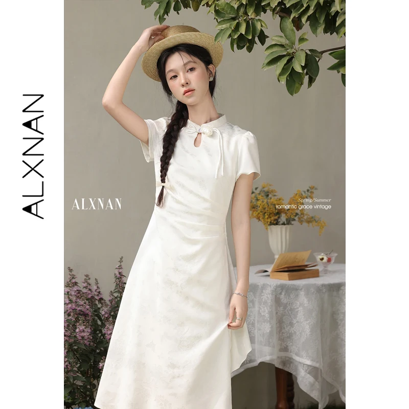

ALXNAN Women's Cheongsam Dress 2026 New Chinese Style Elegant Round Neck Long Dresses A-line Slim Waist Female Clothing L53328