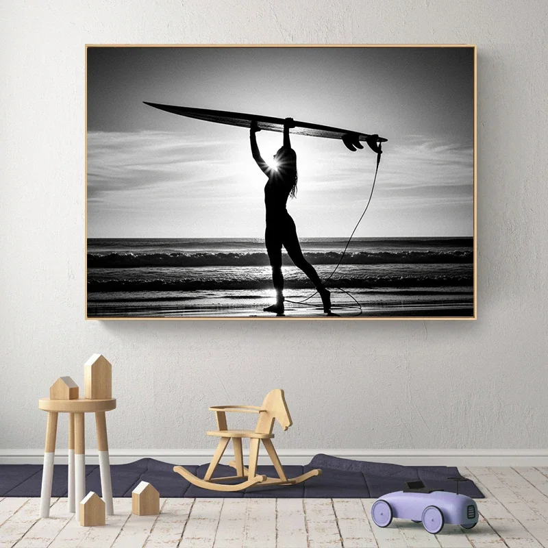 Black and White Victory Surf Beach Photography Posters Wave Coastal Prints Canvas Painting Wall Art Pictures Home Room Decor
