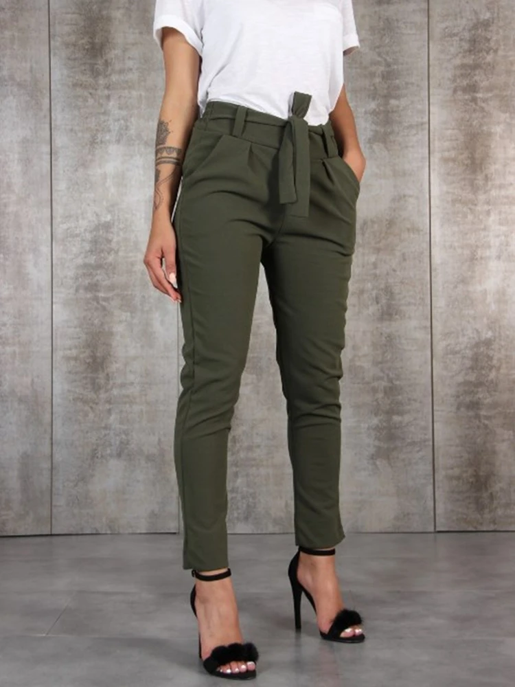 BornToGirl 2023 Spring Summer Autumn Casual Slim Chiffon Thin Pants For Women High Waist Black Khaki Green Pants Woman Trousers