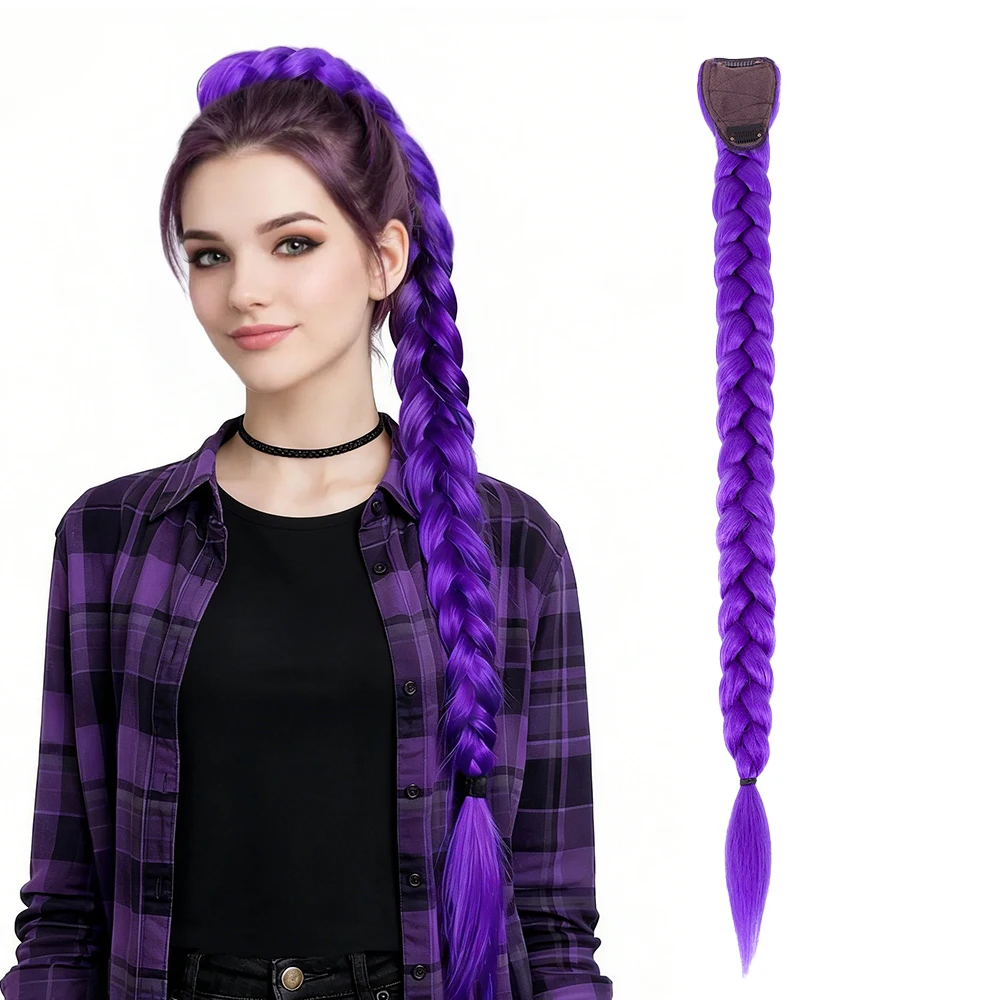 KPOP Purple Synthetic Braided Ponytail Boxing Braid Fake Hair Piece for Women Concert Halloween Y2K Cosplay Hair Accessory