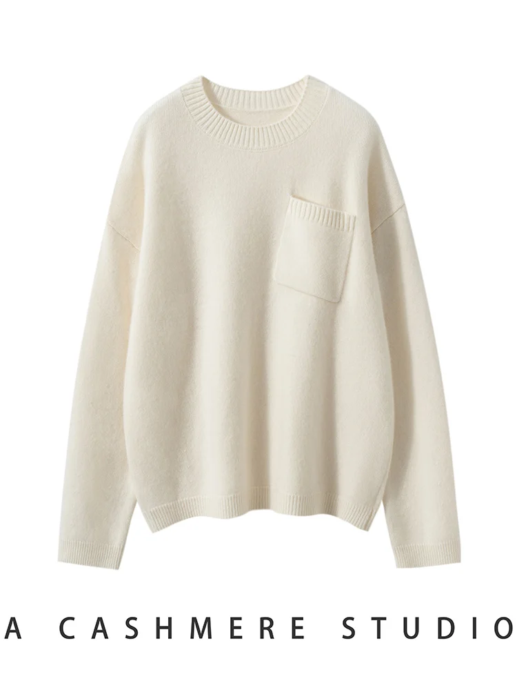 

CHICUU Women's 100% Cashmere Sweater Pocket Design O-neck Pullover Casual Loose Style Cashmere Knitwear Casual Loose Style