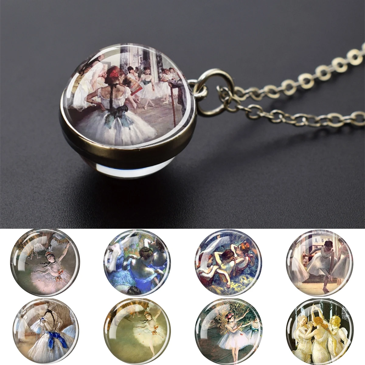 Fashion Ballerina Necklaces Edgar Degas Painting Art Double Sided Glass Ball Pendant for Women Ballet Class Lover Gifts Jewelry