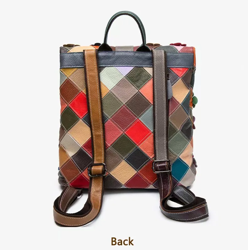 Vintage Women Genuine Leather Backpack Flower Real Cow Leather Shoulder Bags Fashion Patchwork Ladies Cowhide Travel Bagpack