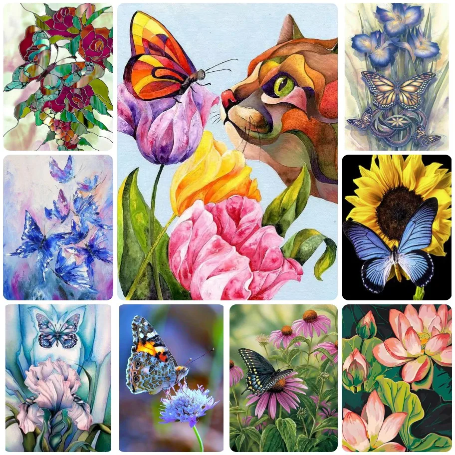 Butterfly Floral Cat Sunflower Lotus Iris Mixed Art Diamond Painting,Colorful Insect Flower Wall Decor For Home Living Room Gift