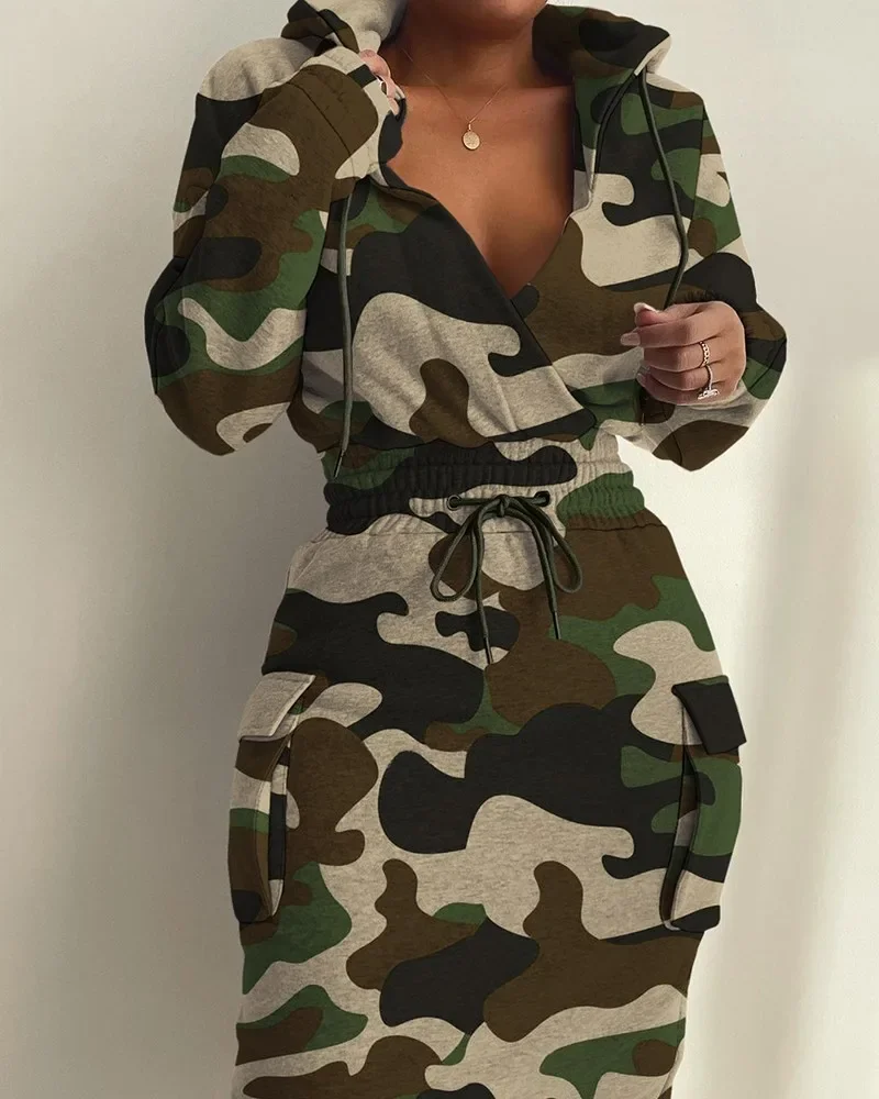 CPSYMYM Womens Dresses  Spring   Camouflage Print Waist Drawstring Pocket Design Long Sleeved Casual Daily Midi Dress