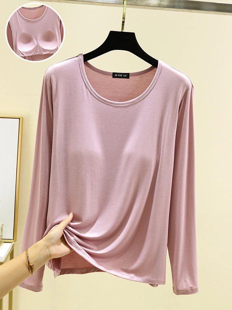 

Casual Modal round Ne Women's T-irt Thin Spring Base Layer Loose Fit Large Size No Bra Needed Top Casual Wear