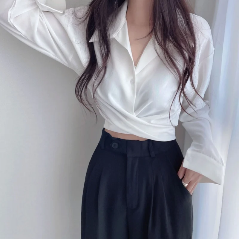 Back Bowknot Design Chiffon Shirt Women\'s Slim Fitting Long-sleeved Crop Top Short Style Elegant Chic Lazy Style Casual Summer