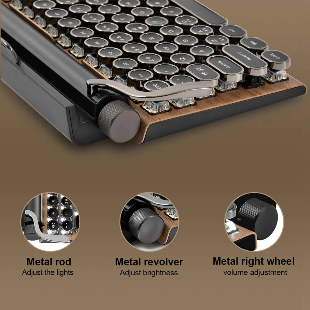 Retro Typewriter Keyboard Wireless Bluetooth Keyboard USB Mechanical Punk Keycaps for Desktop PC/Laptop/Phone-Wood Color