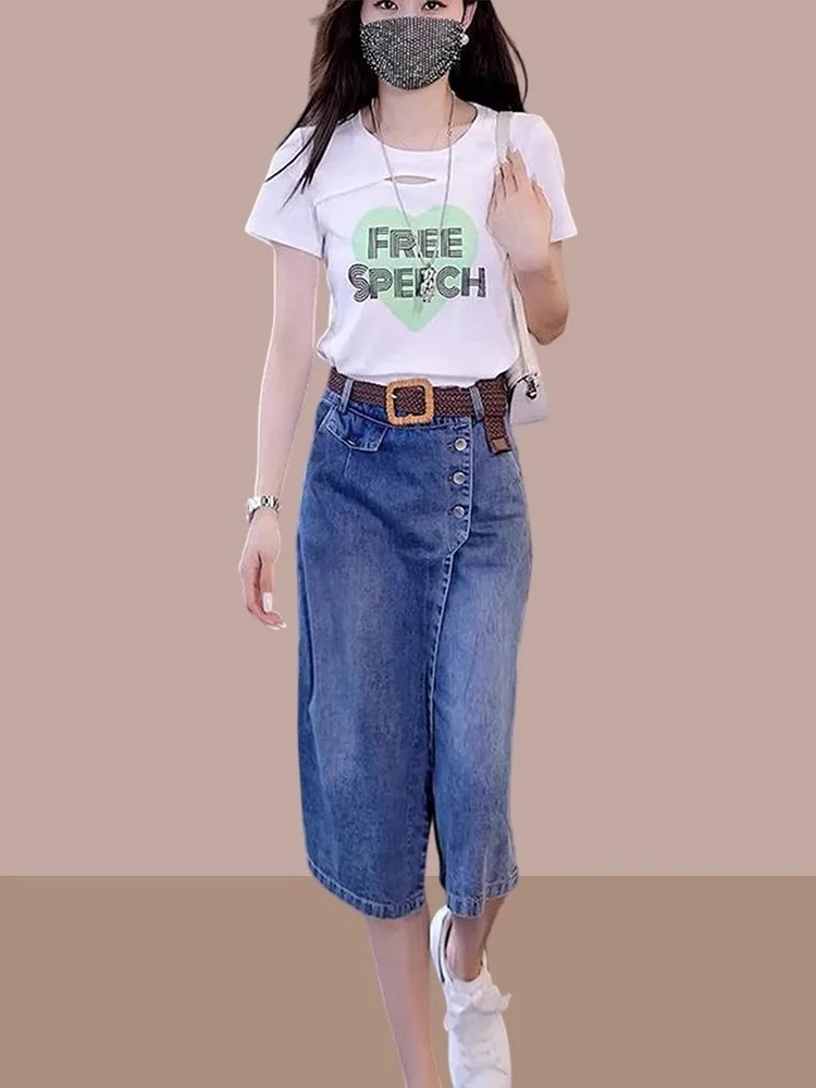 plus Size Casual Faionable Set Women's Summer 2025 High Waist Midi Skirt And T-irt Denim Skirt Casual Versatile Women's Wear