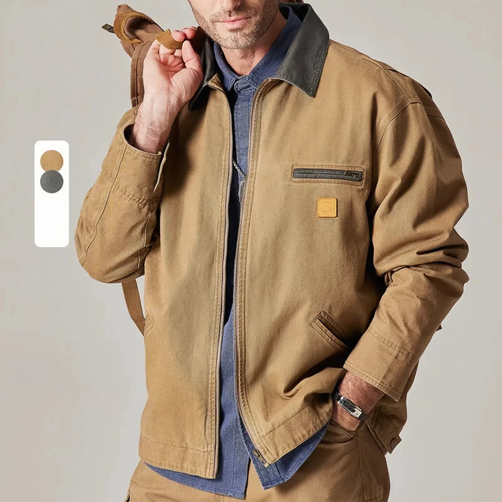 2024 Autumn/winter new Japanese cargo all-match zipper jacket men's fashion matching color denim jacket