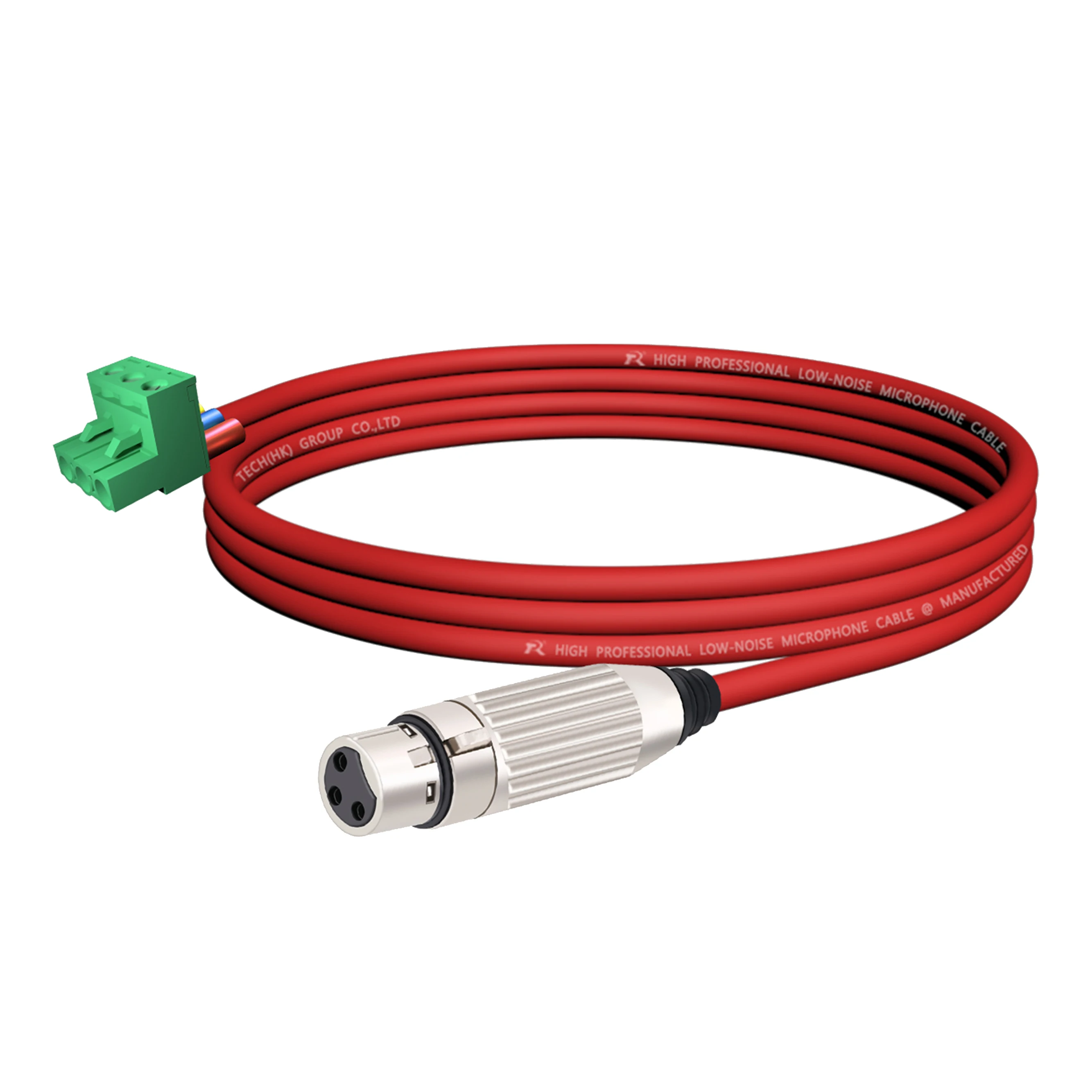 3-poliger Phoenix-Stecker, verbunden mit einem versilberten XLR 3-poligen Stecker, farbcodiertes Kabel, geeignet für professionelle Audiogeräte. – Detail 18