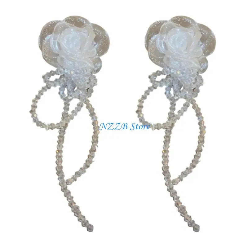 

T21F Flower Linear Drop Earrings Party Jewelry Crystal Fringe Wedding Party Ornament