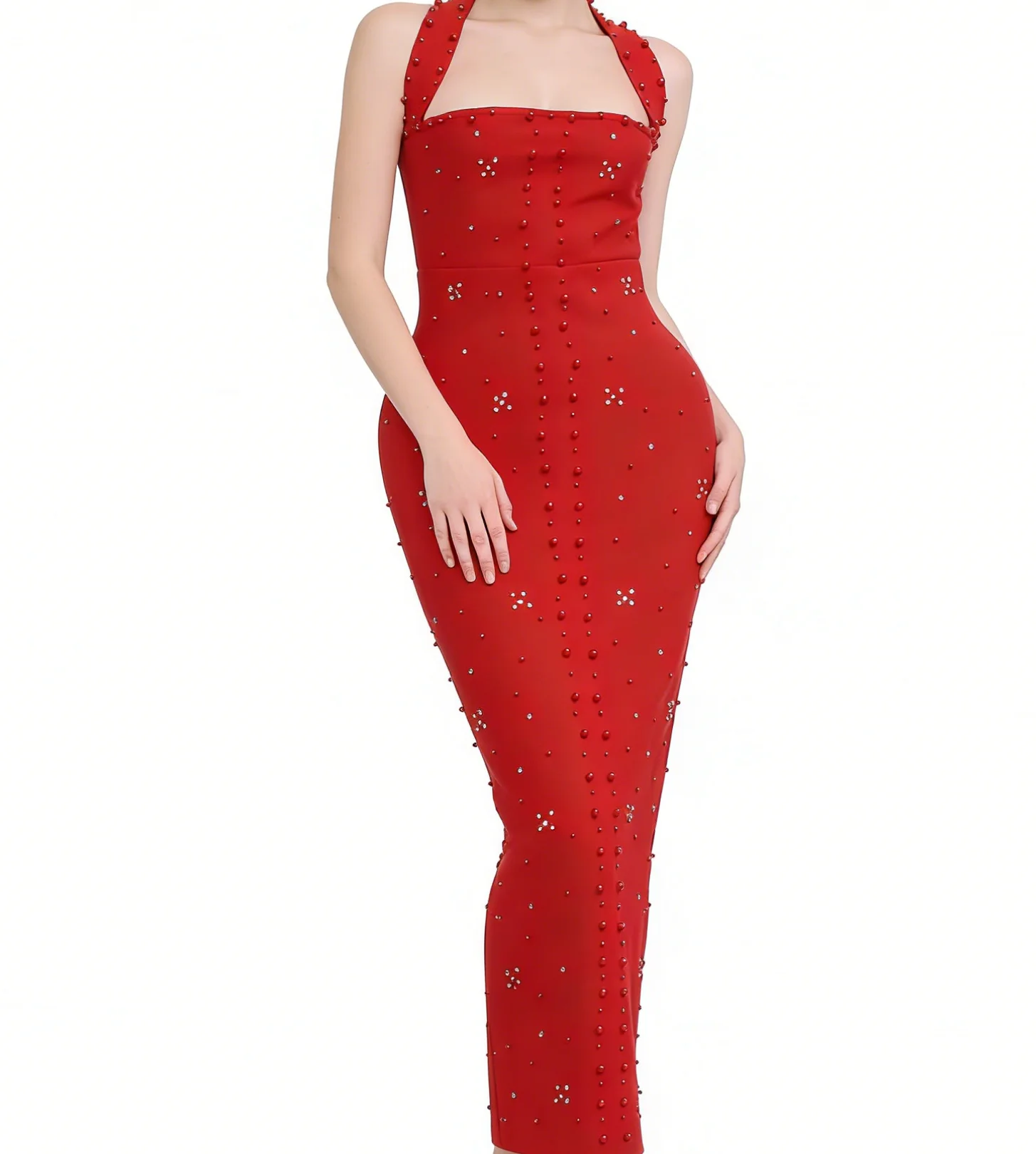 Luxury quality women's sleeveless diamond pearl bandage backless Maxi dress, sexy and figure-hugging-GZXX354