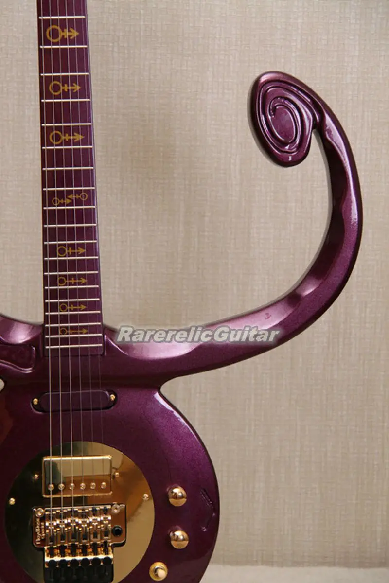 In Stock Metallic Purple Prince Love Symbol Rare Shaped Electric Guitar Floyd Rose Tremolo Bridge Gold Pickguard Backcover