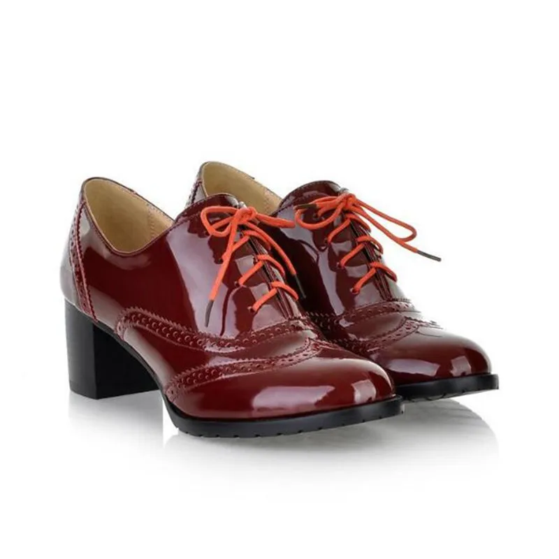 British Retro Oxford Shoes Women Pumps Women Pointed Toe Casual Thick Heel Leather Shoes Woman Lace Up Flats Size 34-43