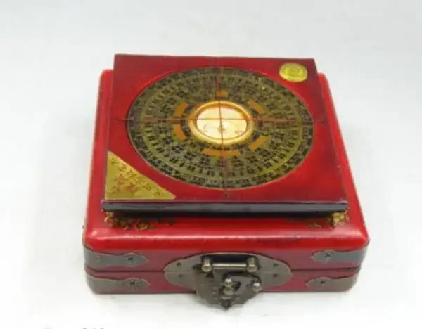 Copper Statue  BAGUA COMPASS Feng Shui Lo Luo Pan Chi Dragon Phoenix Leather Box Brass Lock