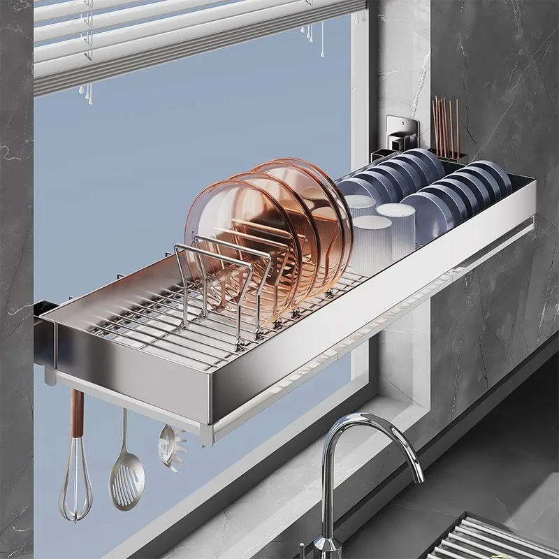 Stainless steel non-punching kitchen wall window sill wall-mounted dish rack rack, integrated storage of chopsticks and dishes