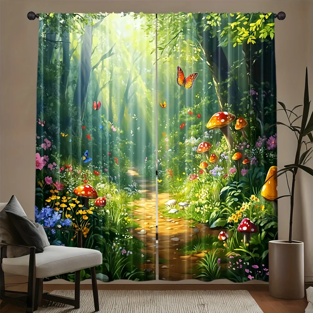 2pcs Mushroom Forest Curtains Butterfly Flower Print Polyester Window Drapes for Living Room Bedroom Fairy Tale Decor