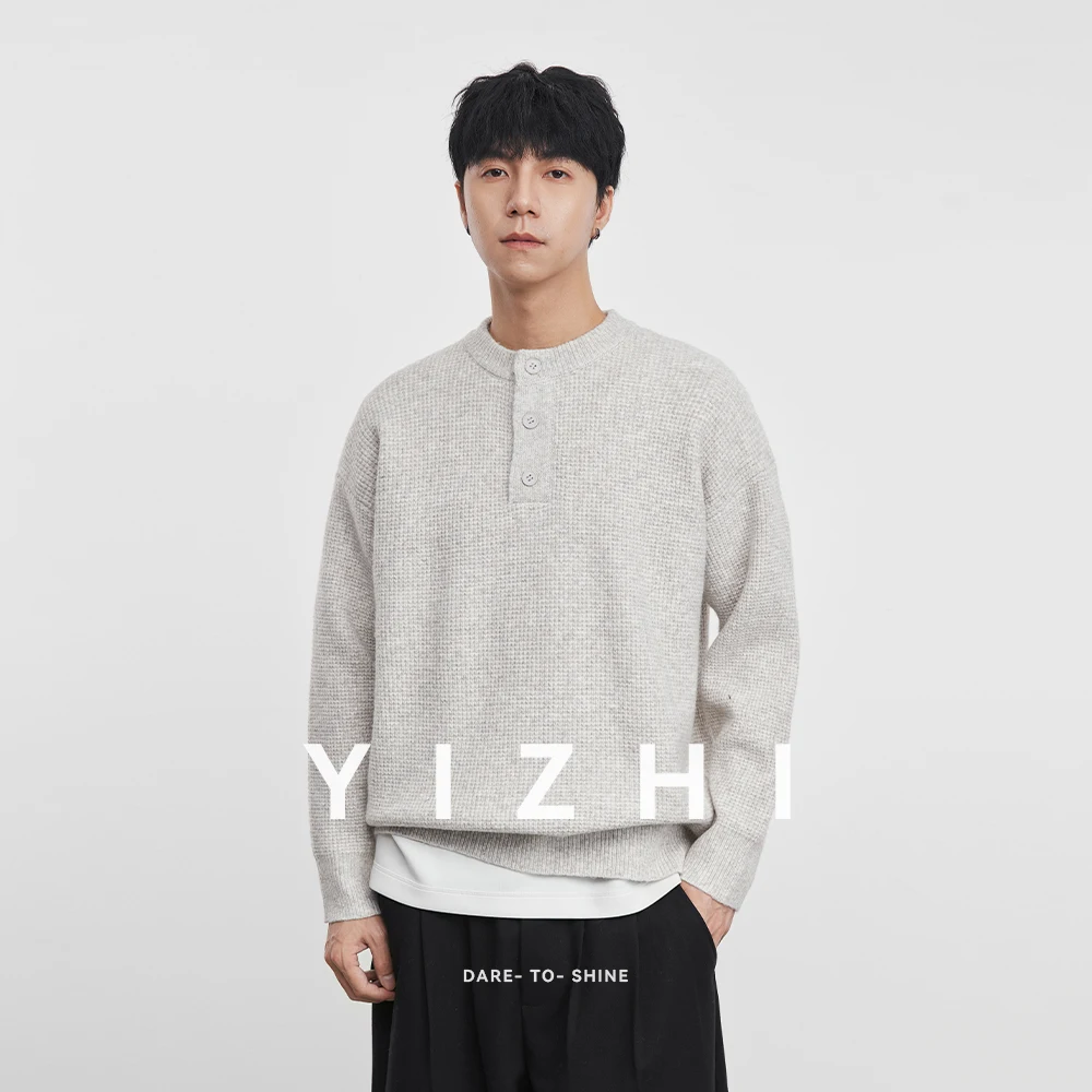 

Fashion Men's Henley Collar Knit Sweater 2025 Winter New Loose Casual Knitwear Trendy Long Sleeve Pullover