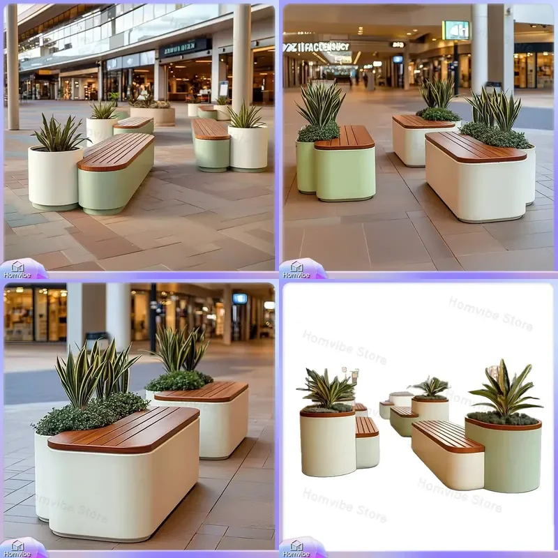 Outdoor Wrought Iron Flower Box Bench Integrated Planter Seat Commercial Street Garden Furniture Square Rest Stool Combo