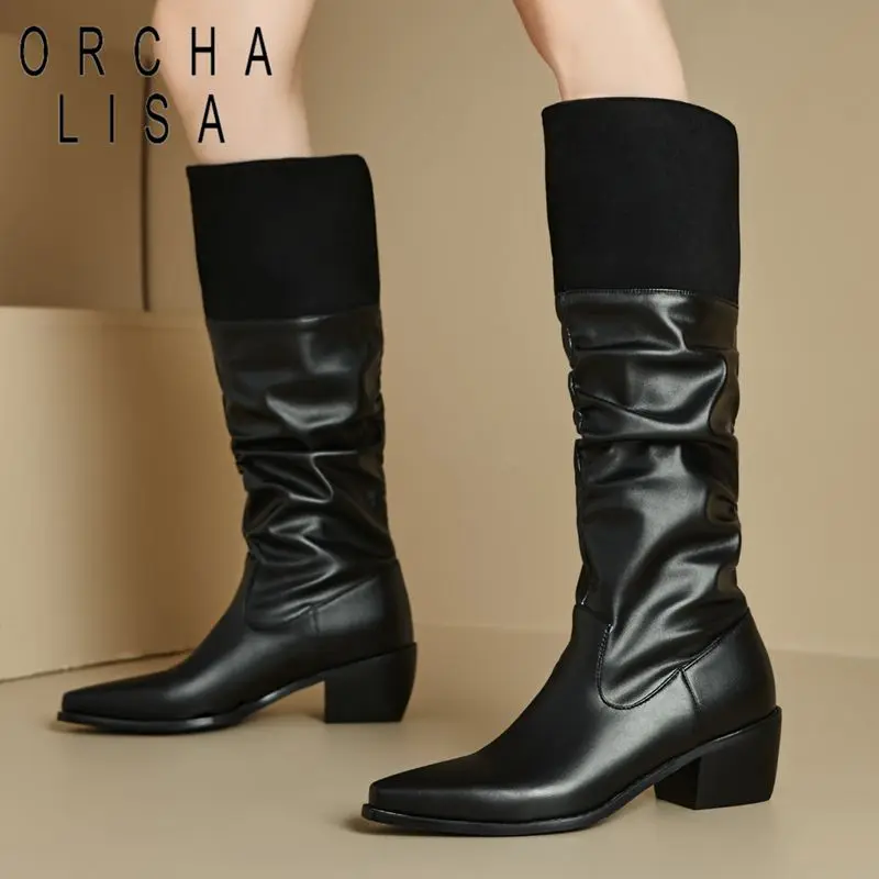 

ORCHA LISA Fashion 2025 New Dual-Use Women's Knee High Boots Pointed Toe 5.5cm Block Heel Slip On Rivets Big Size 46-48 Fashion