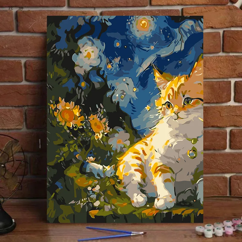 Digital Oil Painting DIY Hand Drawn Van Gogh Starry Sky Cat Decoration Painting Filling and Coloring Decompression Oil Painting