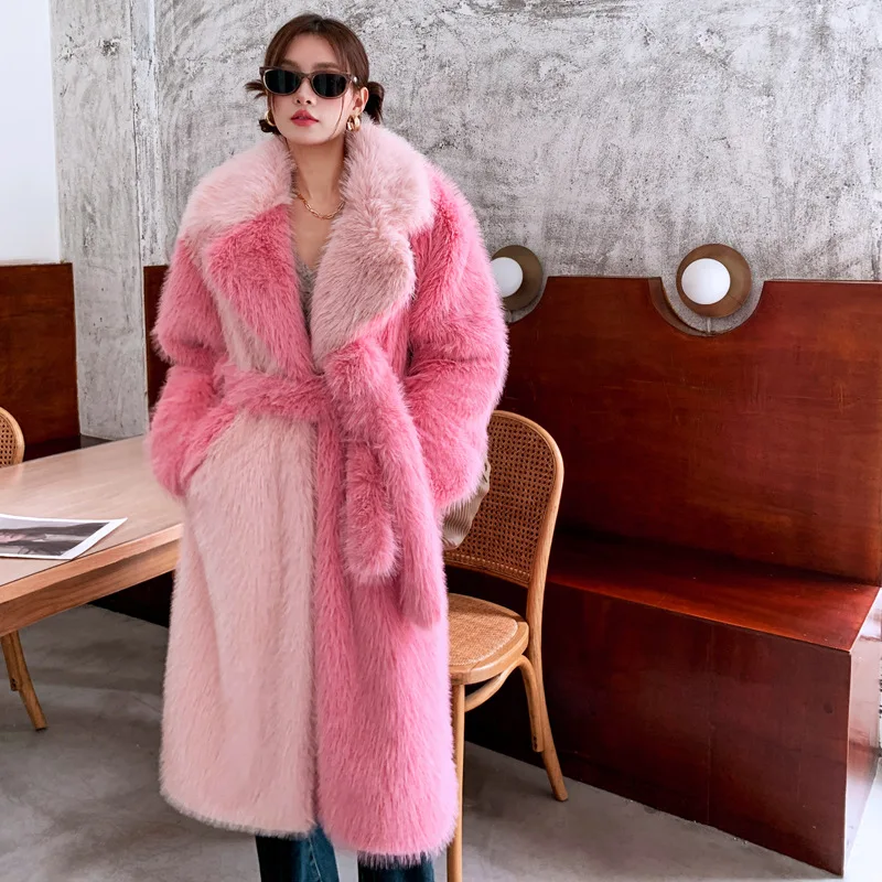 الدانتيل يصل النساء الشتاء الفراء الاصطناعي سترة اللون منعت بولو الرقبة جيوب معطف فرو المنك للإناث مقطعة الخصر سيدة معطف الفرو