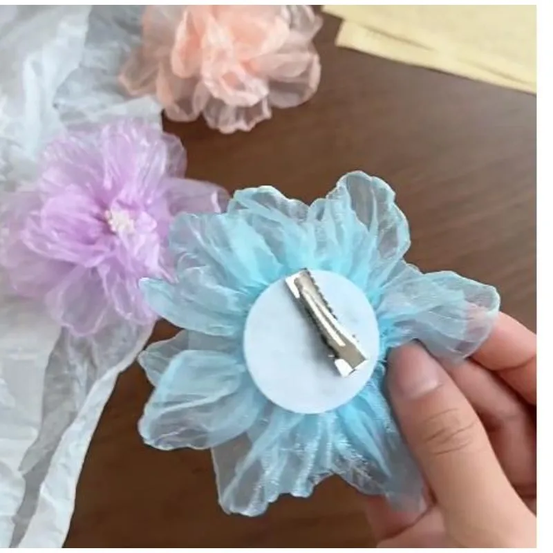 Girls' Organza Flower Hairpin, Headwear Infantil, Gaze Doce, Grampo de Cabelo Camélia, Acessórios de Férias, Primavera, Verão, 2024